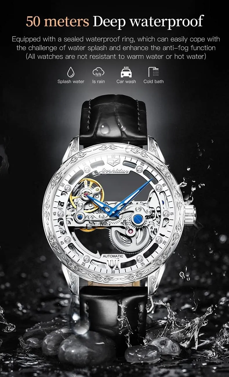 OLEVS Men's Skeleton Mechanical Dress Watch Automatic Self Winding Waterproof Luminous Luxury Leather Wrist Watches