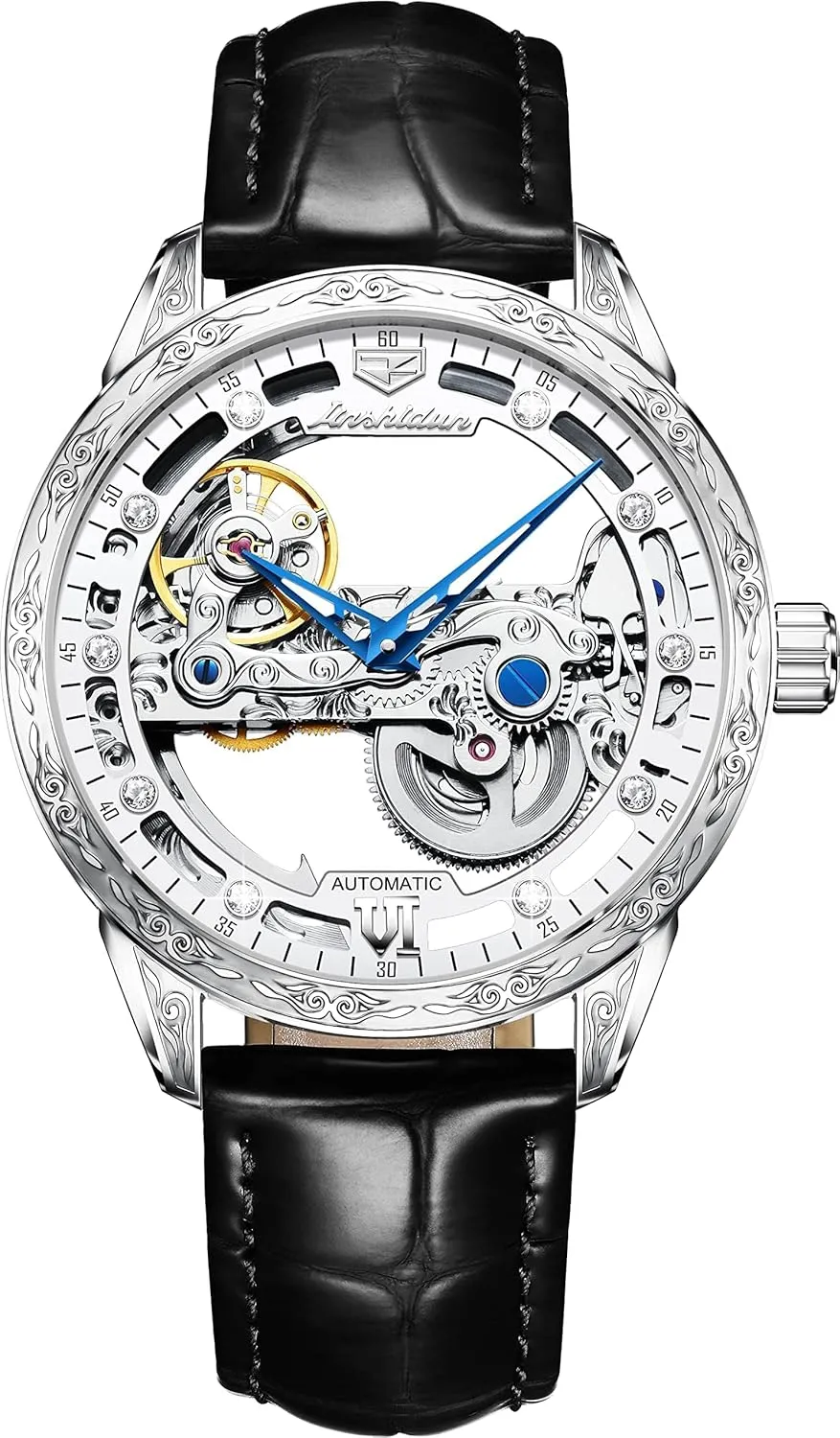 OLEVS Men's Skeleton Mechanical Dress Watch Automatic Self Winding Waterproof Luminous Luxury Leather Wrist Watches
