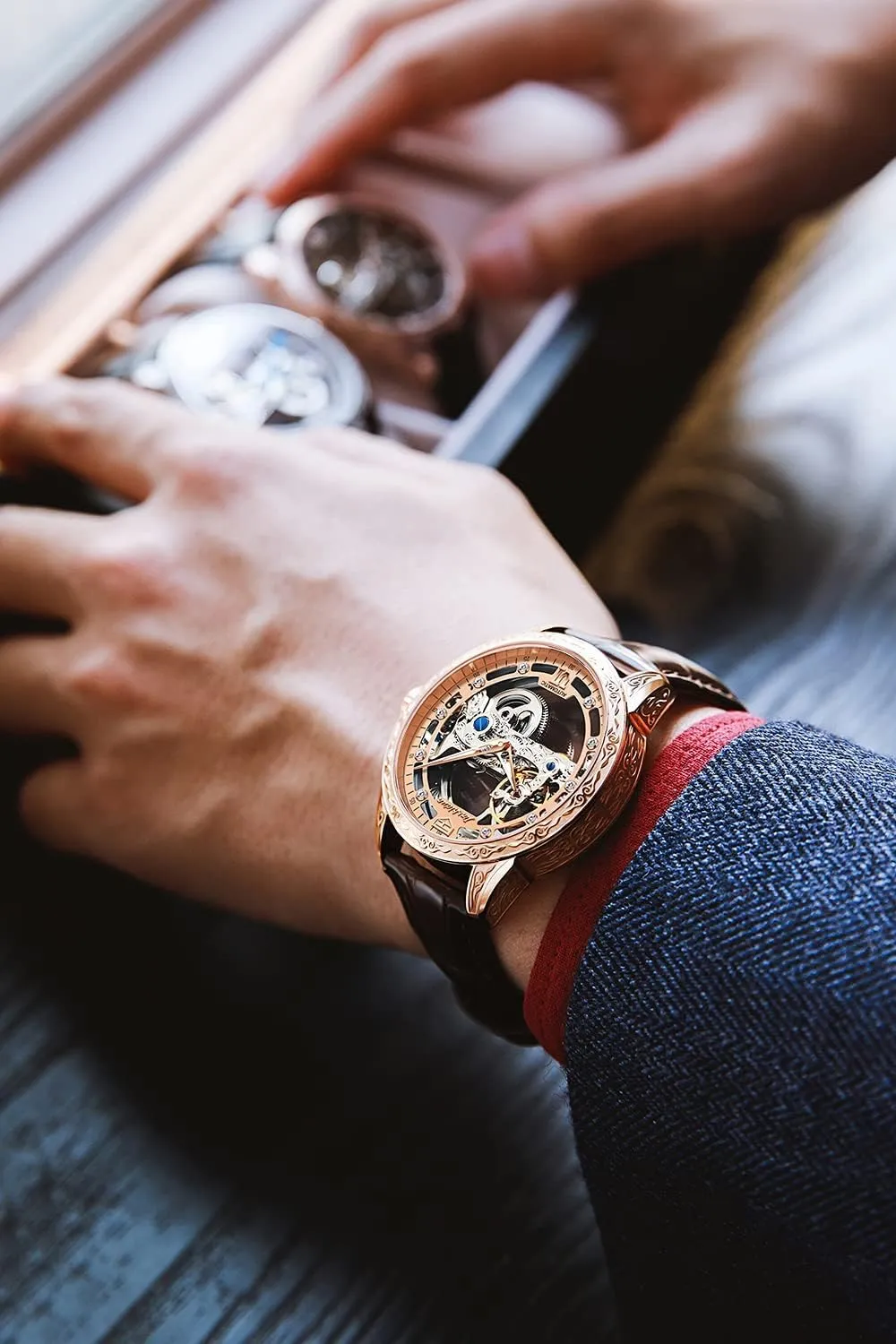 OLEVS Men's Skeleton Mechanical Dress Watch Automatic Self Winding Waterproof Luminous Luxury Leather Wrist Watches