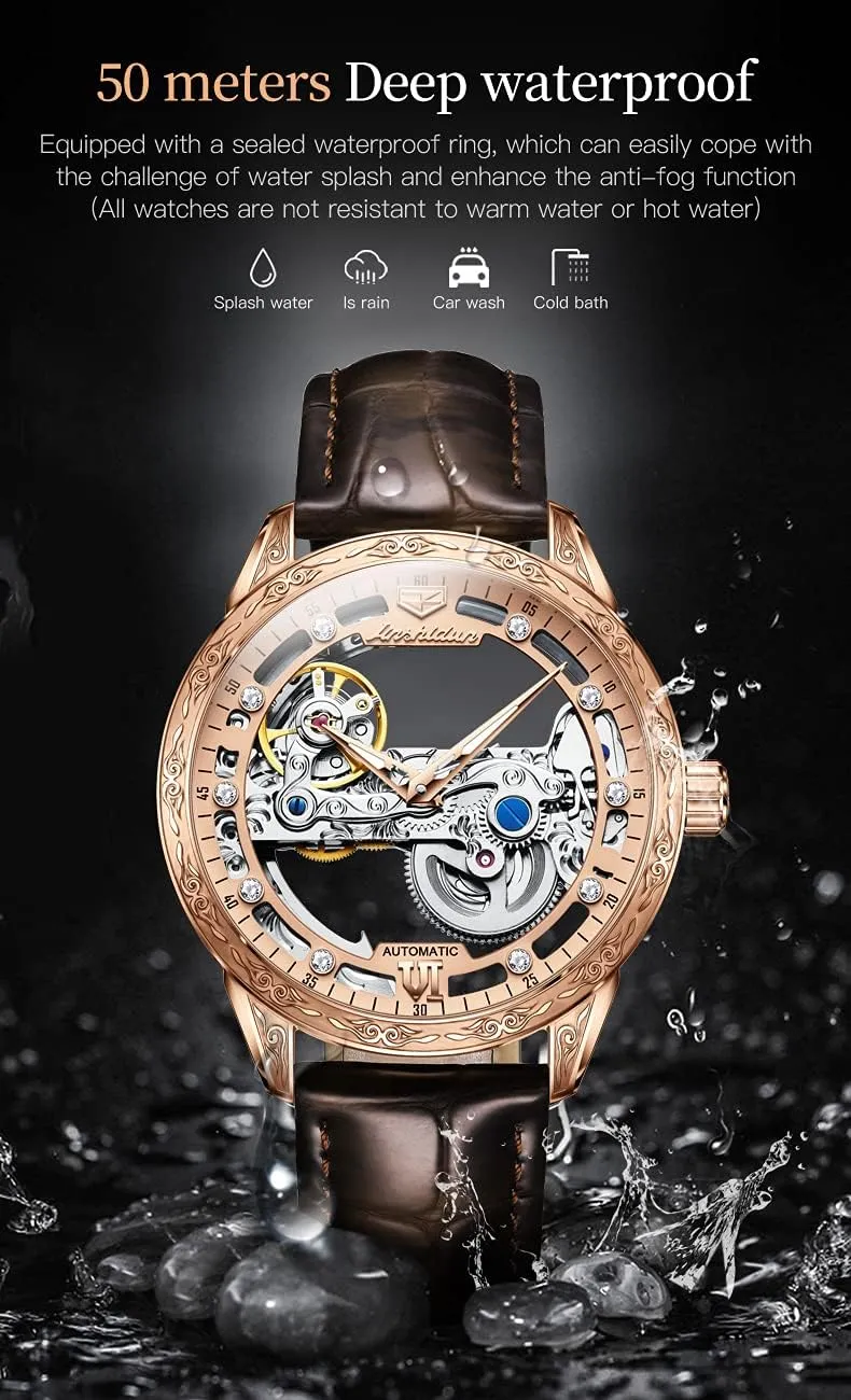 OLEVS Men's Skeleton Mechanical Dress Watch Automatic Self Winding Waterproof Luminous Luxury Leather Wrist Watches