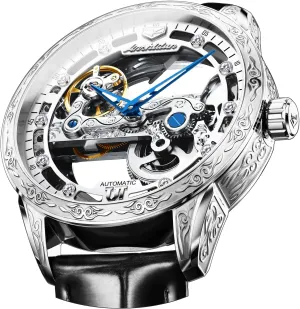 OLEVS Men's Skeleton Mechanical Dress Watch Automatic Self Winding Waterproof Luminous Luxury Leather Wrist Watches
