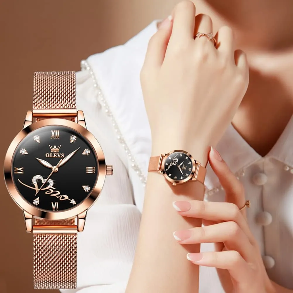 OLEVS Rose Gold Watch for Women Mesh Strap Fashion Dress Hearts Japanese Quartz Waterproof Luminous Ladies Watches Bracelet Sets