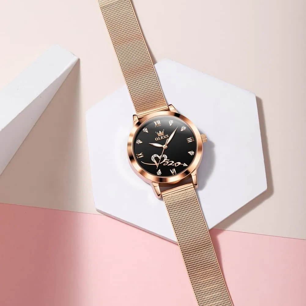 OLEVS Rose Gold Watch for Women Mesh Strap Fashion Dress Hearts Japanese Quartz Waterproof Luminous Ladies Watches Bracelet Sets