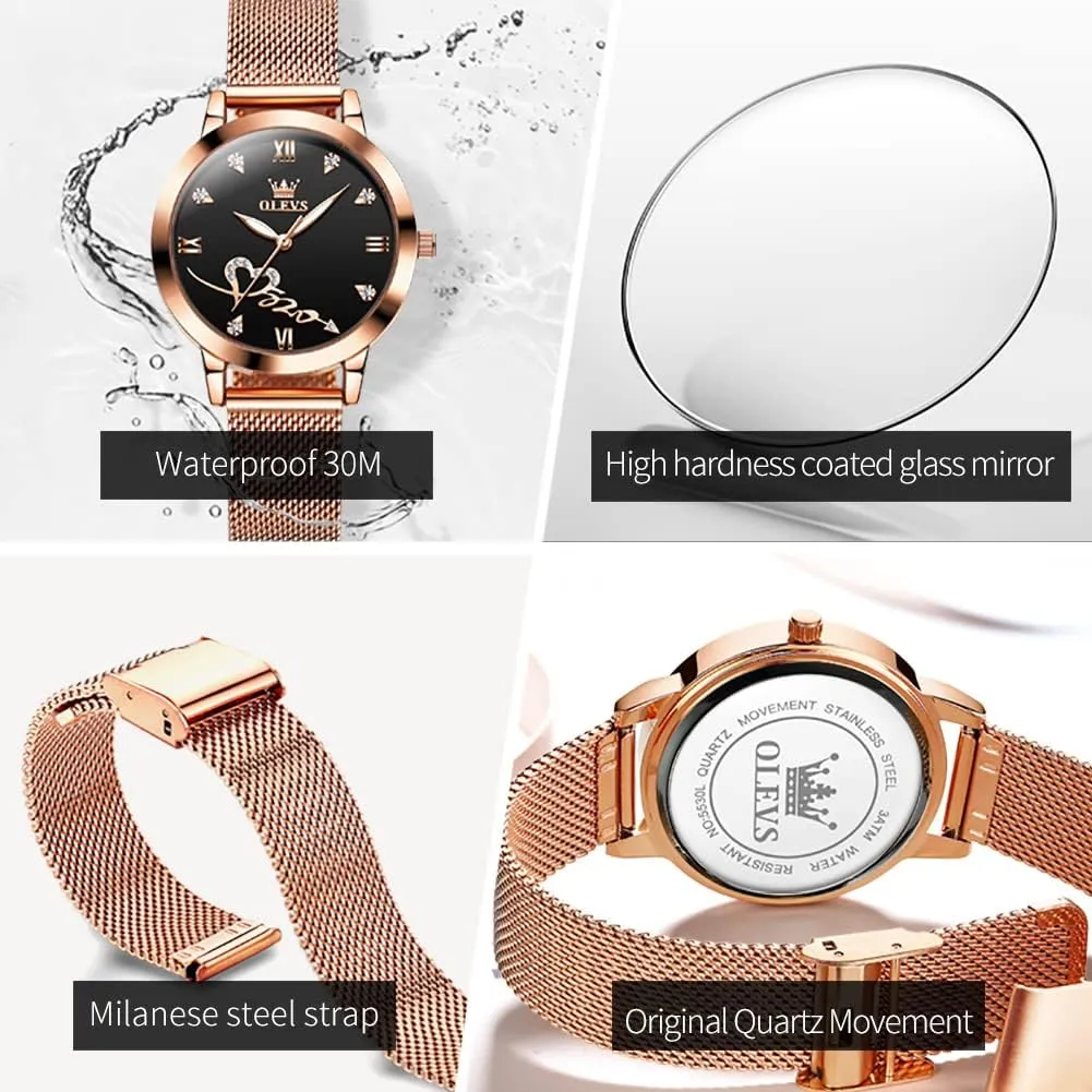 OLEVS Rose Gold Watch for Women Mesh Strap Fashion Dress Hearts Japanese Quartz Waterproof Luminous Ladies Watches Bracelet Sets