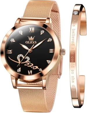 OLEVS Rose Gold Watch for Women Mesh Strap Fashion Dress Hearts Japanese Quartz Waterproof Luminous Ladies Watches Bracelet Sets