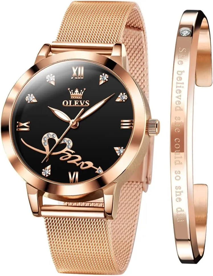 OLEVS Rose Gold Watch for Women Mesh Strap Fashion Dress Hearts Japanese Quartz Waterproof Luminous Ladies Watches Bracelet Sets