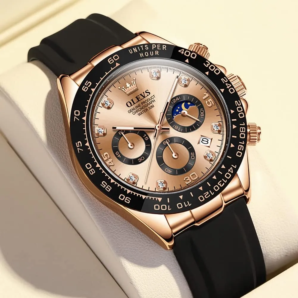 OLEVS Watches for Men Business Diamond Moon Phase Male Watch Chronograph Fashion Dress Waterproof Date Analog Waterproof Men Wrist Watch