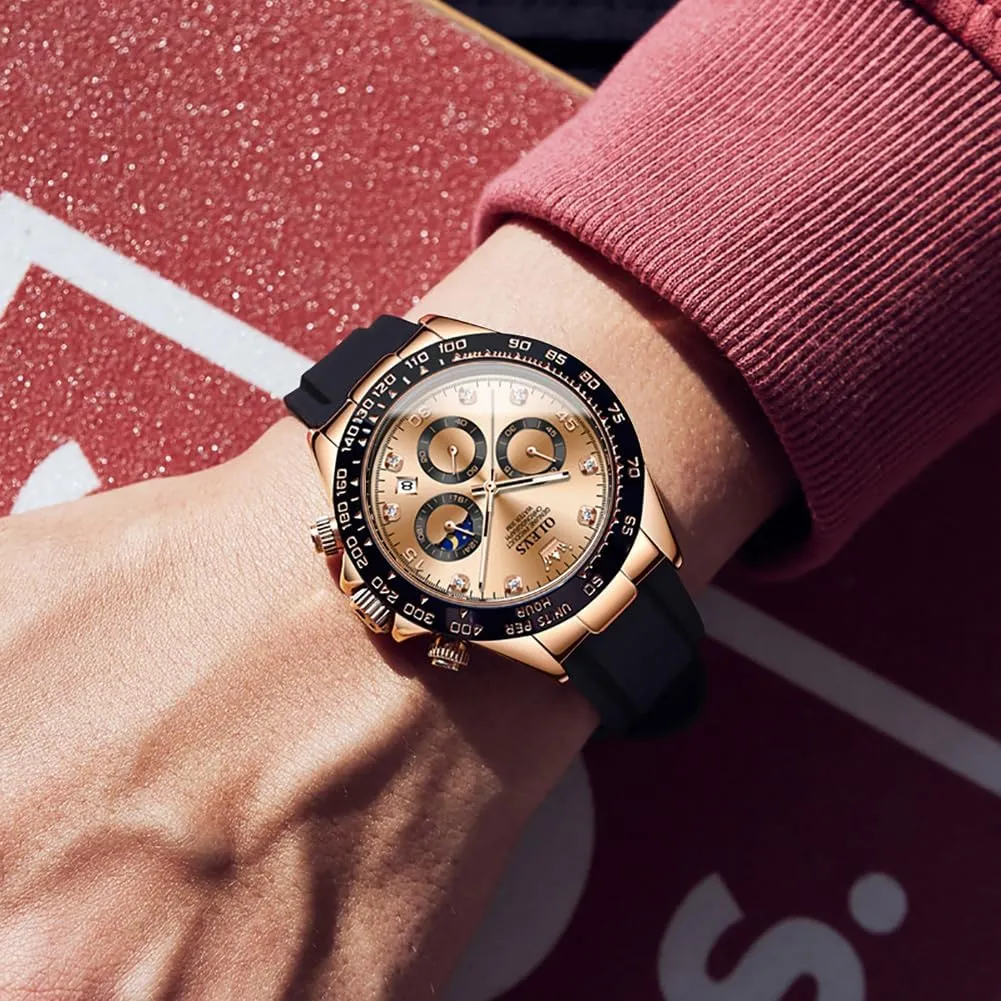 OLEVS Watches for Men Business Diamond Moon Phase Male Watch Chronograph Fashion Dress Waterproof Date Analog Waterproof Men Wrist Watch