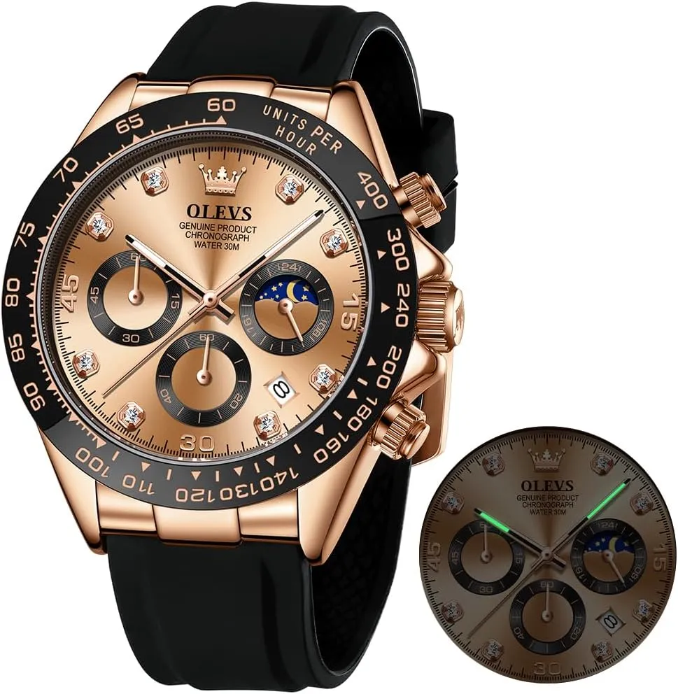 OLEVS Watches for Men Business Diamond Moon Phase Male Watch Chronograph Fashion Dress Waterproof Date Analog Waterproof Men Wrist Watch