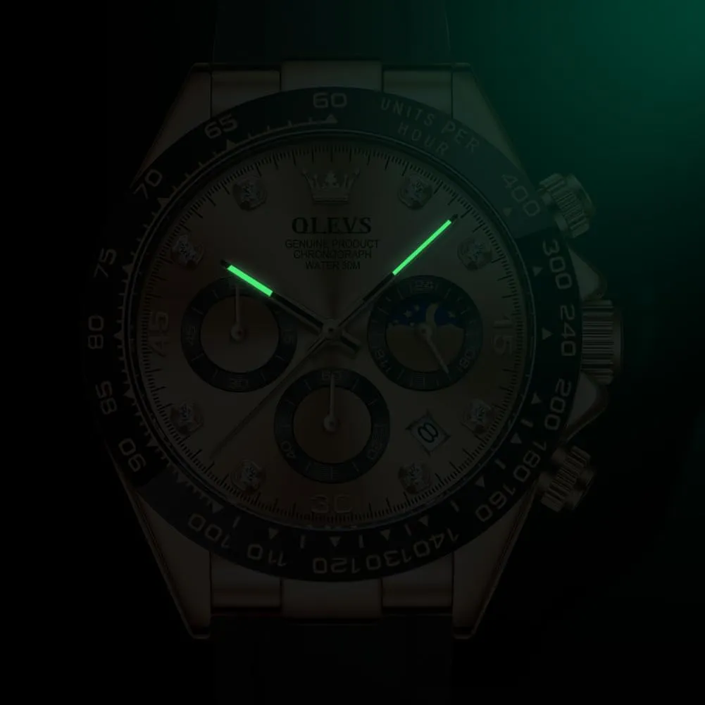 OLEVS Watches for Men Business Diamond Moon Phase Male Watch Chronograph Fashion Dress Waterproof Date Analog Waterproof Men Wrist Watch