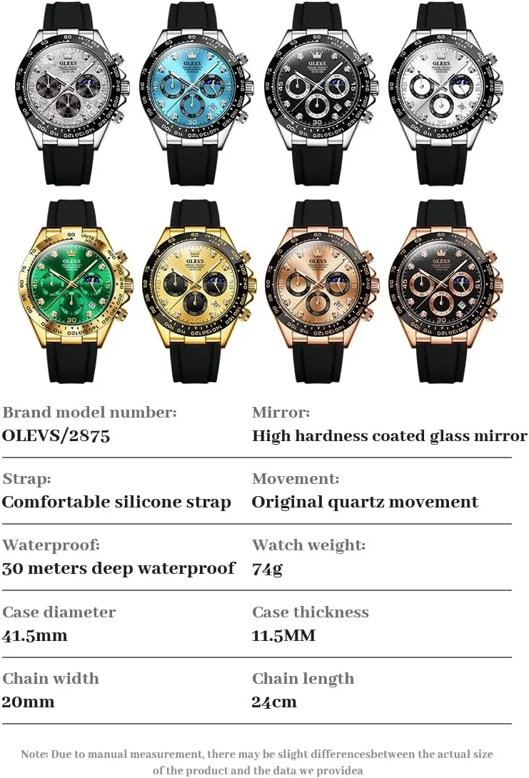 OLEVS Watches for Men Business Diamond Moon Phase Male Watch Chronograph Fashion Dress Waterproof Date Analog Waterproof Men Wrist Watch
