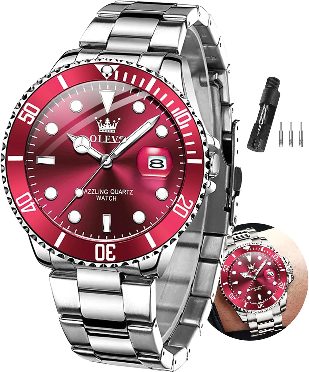OLEVS Watches Men Waterproof Luxury Big Face Mens Watch Stainless Steel Day Date Quartz Analog Dress Watches for Men Luminous Relojes De Hombre (Green/Blue/Black/Gold)