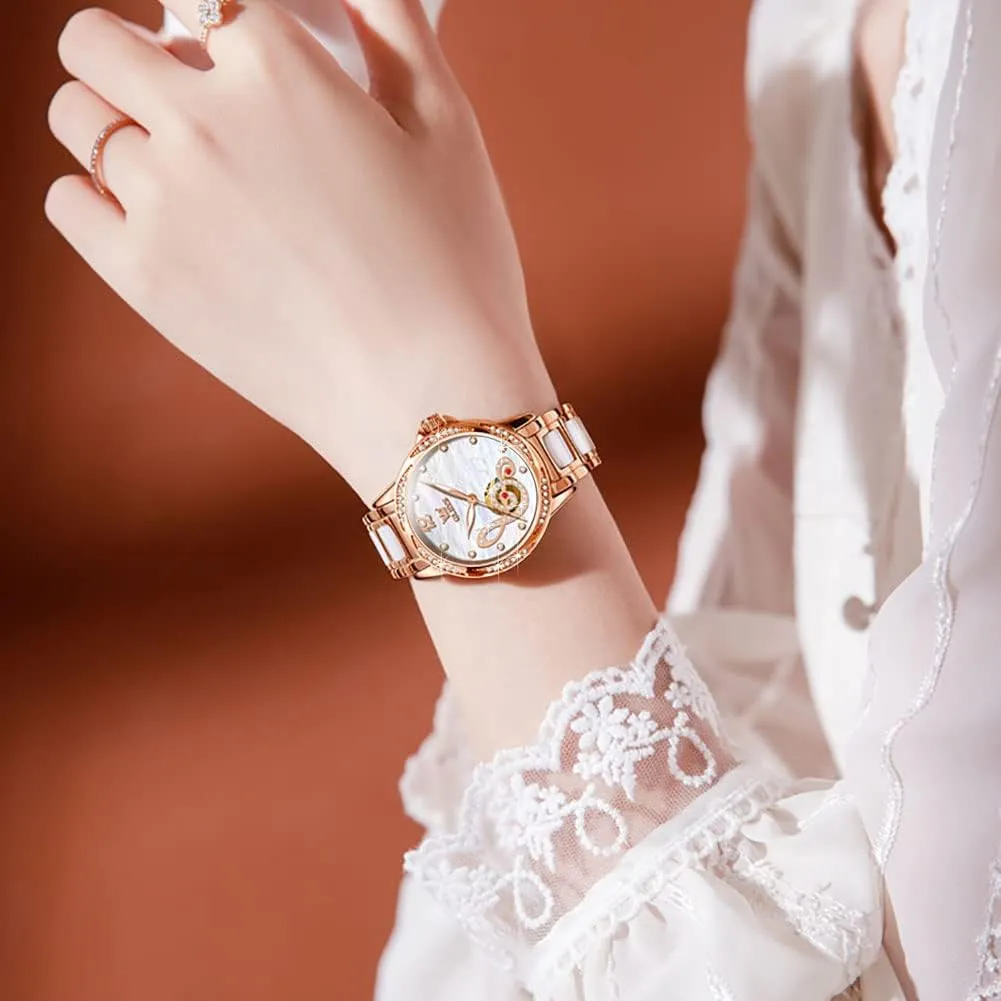 OLEVS Women Automatic Mechanical Watches Self Winding Rose Gold Two Tone Ceramic Strap Diamond Love Heart Dial Fashion Elegant Dress Ladies Wrist Watches Waterproof Luminous