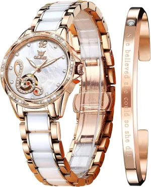 OLEVS Women Automatic Mechanical Watches Self Winding Rose Gold Two Tone Ceramic Strap Diamond Love Heart Dial Fashion Elegant Dress Ladies Wrist Watches Waterproof Luminous
