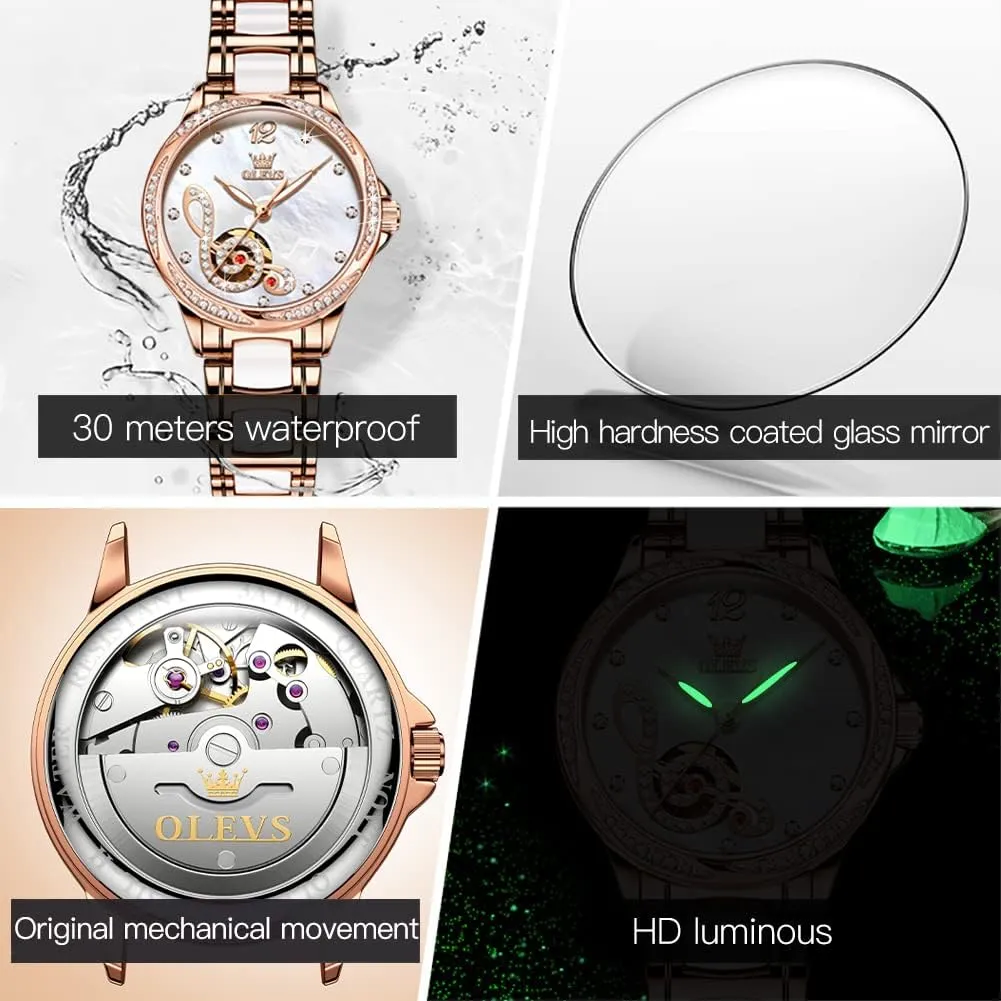 OLEVS Women Automatic Mechanical Watches Self Winding Rose Gold Two Tone Ceramic Strap Diamond Love Heart Dial Fashion Elegant Dress Ladies Wrist Watches Waterproof Luminous