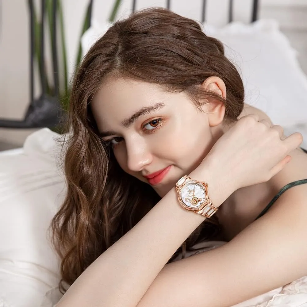 OLEVS Women Automatic Mechanical Watches Self Winding Rose Gold Two Tone Ceramic Strap Diamond Love Heart Dial Fashion Elegant Dress Ladies Wrist Watches Waterproof Luminous