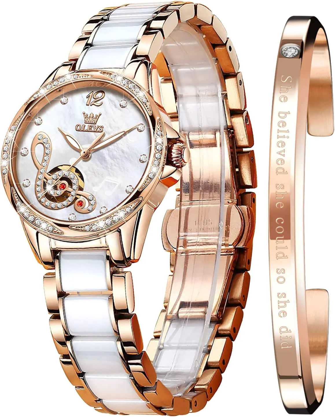 OLEVS Women Automatic Mechanical Watches Self Winding Rose Gold Two Tone Ceramic Strap Diamond Love Heart Dial Fashion Elegant Dress Ladies Wrist Watches Waterproof Luminous