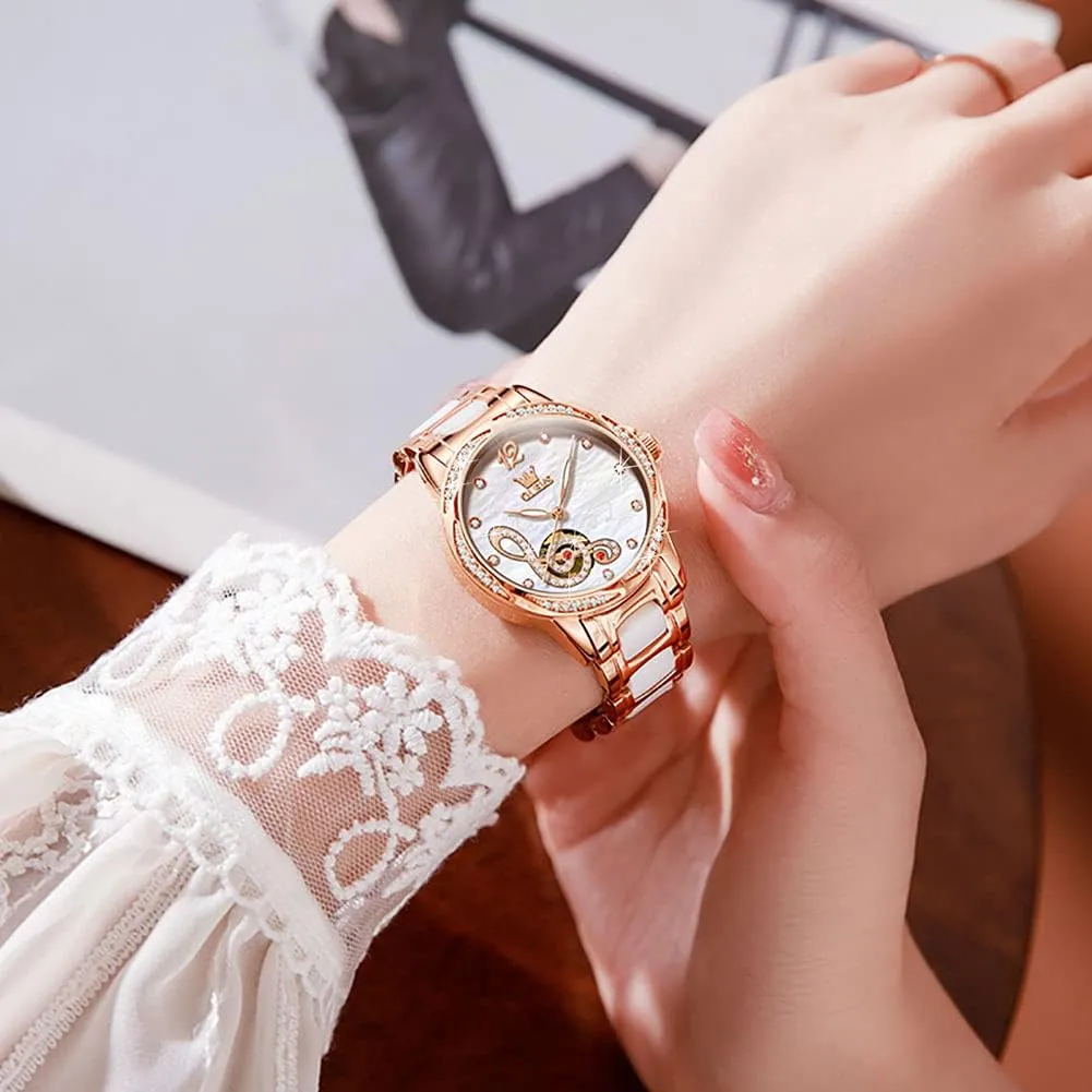 OLEVS Women Automatic Mechanical Watches Self Winding Rose Gold Two Tone Ceramic Strap Diamond Love Heart Dial Fashion Elegant Dress Ladies Wrist Watches Waterproof Luminous