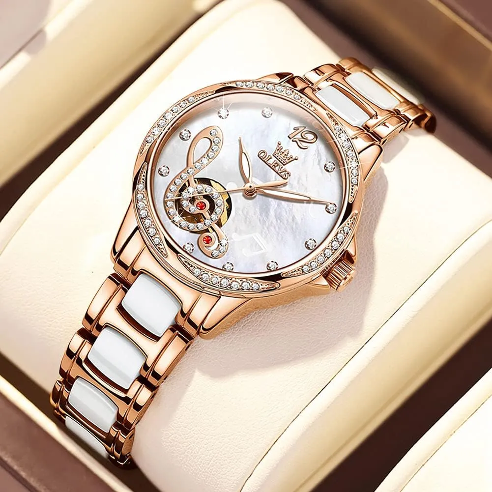 OLEVS Women Automatic Mechanical Watches Self Winding Rose Gold Two Tone Ceramic Strap Diamond Love Heart Dial Fashion Elegant Dress Ladies Wrist Watches Waterproof Luminous