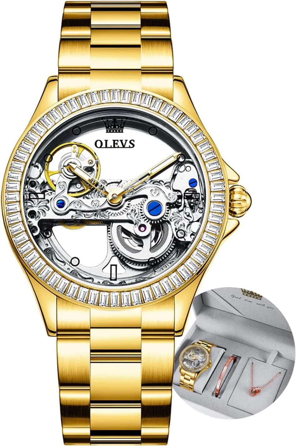 OLEVS Women Watch Skeleton Set Automatic Mechanical Silver Luxury Dress Waterproof Luminous Lady Watch Gift Set