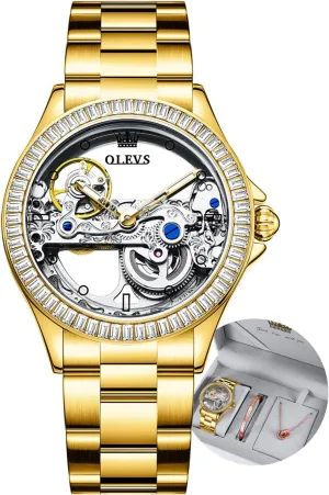 OLEVS Women Watch Skeleton Set Automatic Mechanical Silver Luxury Dress Waterproof Luminous Lady Watch Gift Set