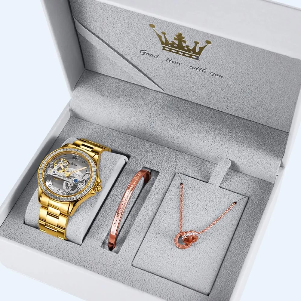OLEVS Women Watch Skeleton Set Automatic Mechanical Silver Luxury Dress Waterproof Luminous Lady Watch Gift Set