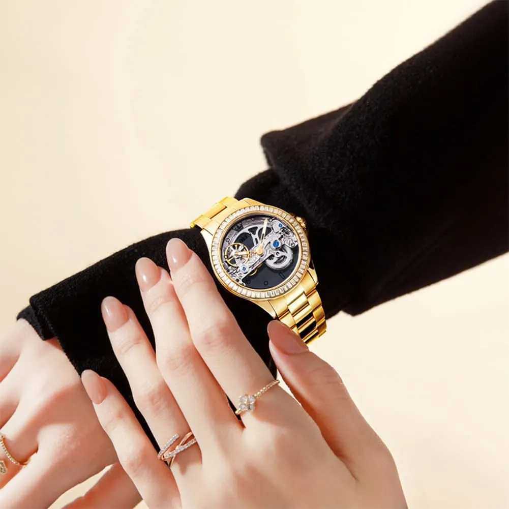 OLEVS Women Watch Skeleton Set Automatic Mechanical Silver Luxury Dress Waterproof Luminous Lady Watch Gift Set