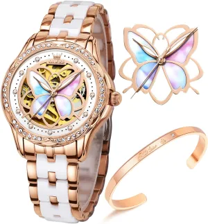 OLEVS Women Watches Automatic Rose Gold Diamond Skeleton Luminous Elegant Colorful Butterfly Stainless Steel Ceramic Strap Butterfly Gift Set for Ladies
