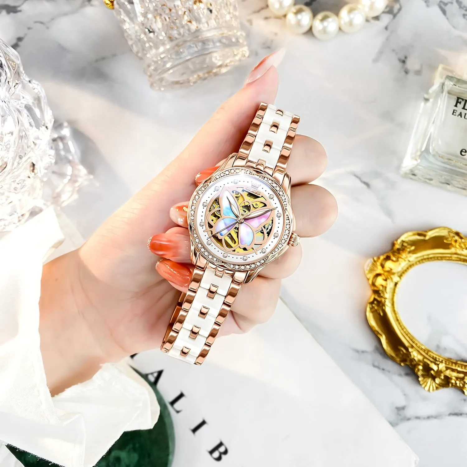 OLEVS Women Watches Automatic Rose Gold Diamond Skeleton Luminous Elegant Colorful Butterfly Stainless Steel Ceramic Strap Butterfly Gift Set for Ladies