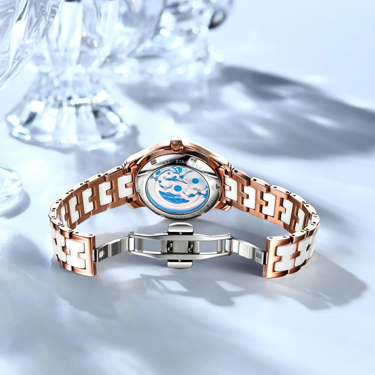 OLEVS Women Watches Automatic Rose Gold Diamond Skeleton Luminous Elegant Colorful Butterfly Stainless Steel Ceramic Strap Butterfly Gift Set for Ladies