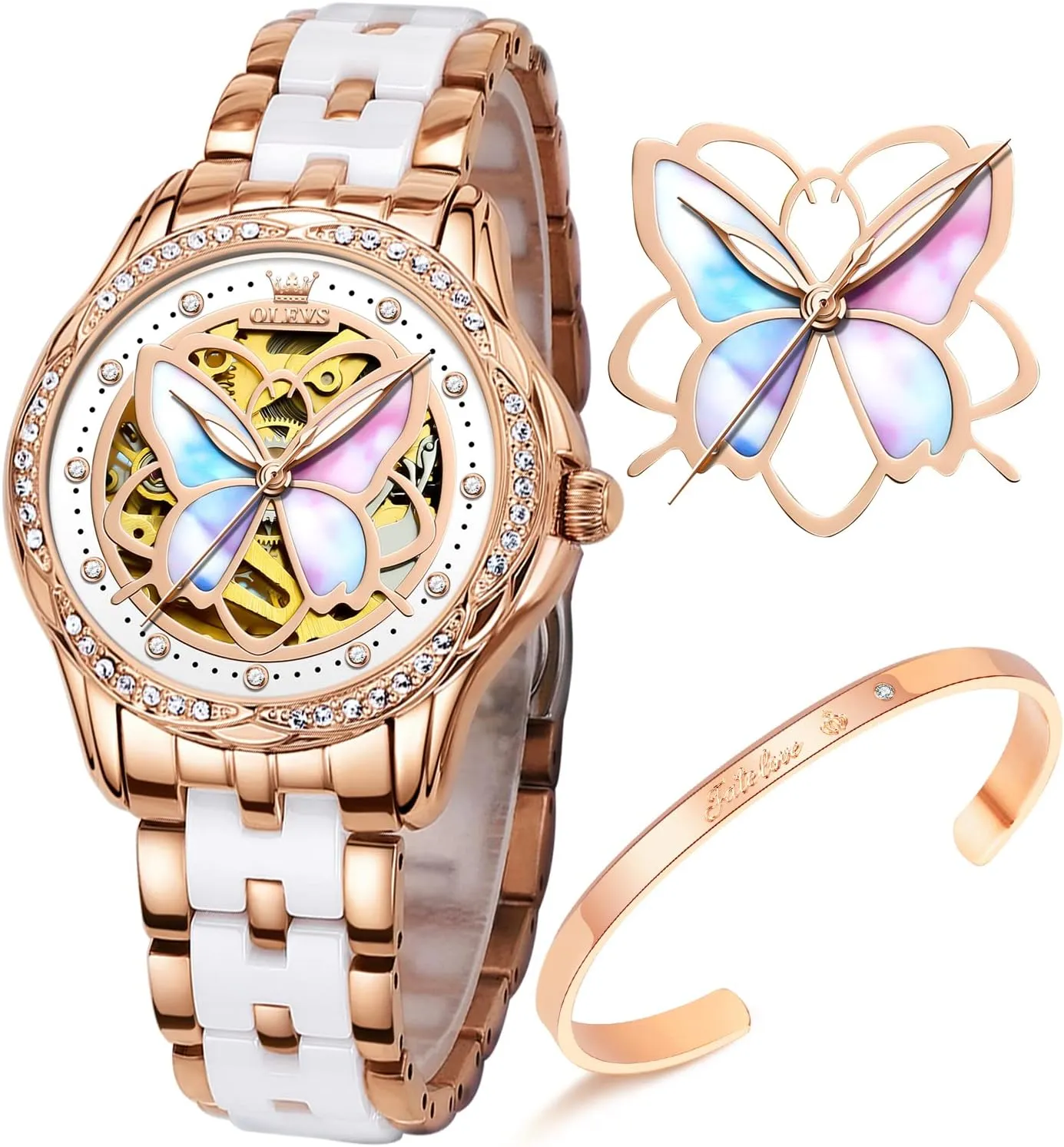 OLEVS Women Watches Automatic Rose Gold Diamond Skeleton Luminous Elegant Colorful Butterfly Stainless Steel Ceramic Strap Butterfly Gift Set for Ladies