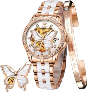 OLEVS Women's Rose Gold Automatic Watches Skeleton Mechanical Self Winding Ladies Elegant Luxury Dress Butterfly Diamond White Ceramic Band Watch Gift