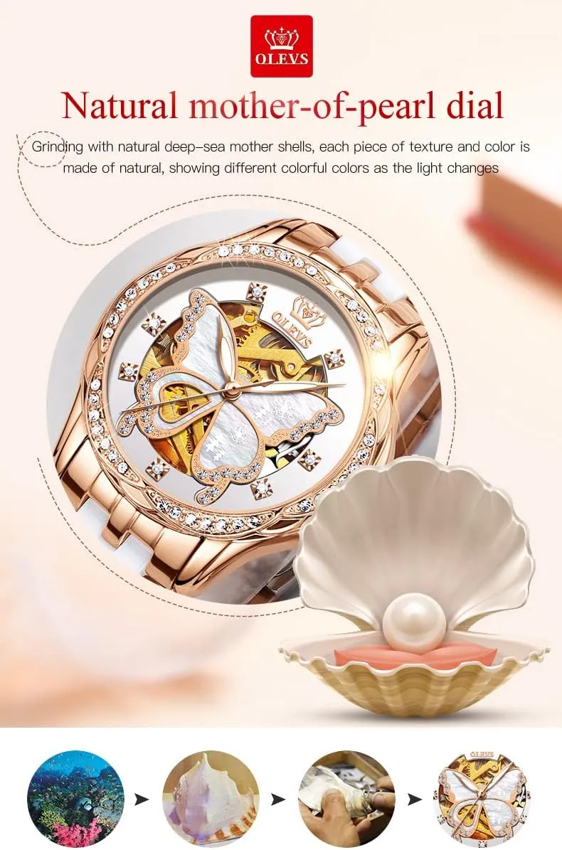 OLEVS Women's Rose Gold Automatic Watches Skeleton Mechanical Self Winding Ladies Elegant Luxury Dress Butterfly Diamond White Ceramic Band Watch Gift