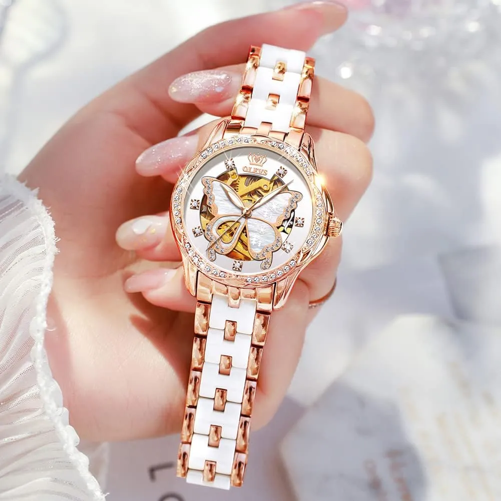 OLEVS Women's Rose Gold Automatic Watches Skeleton Mechanical Self Winding Ladies Elegant Luxury Dress Butterfly Diamond White Ceramic Band Watch Gift