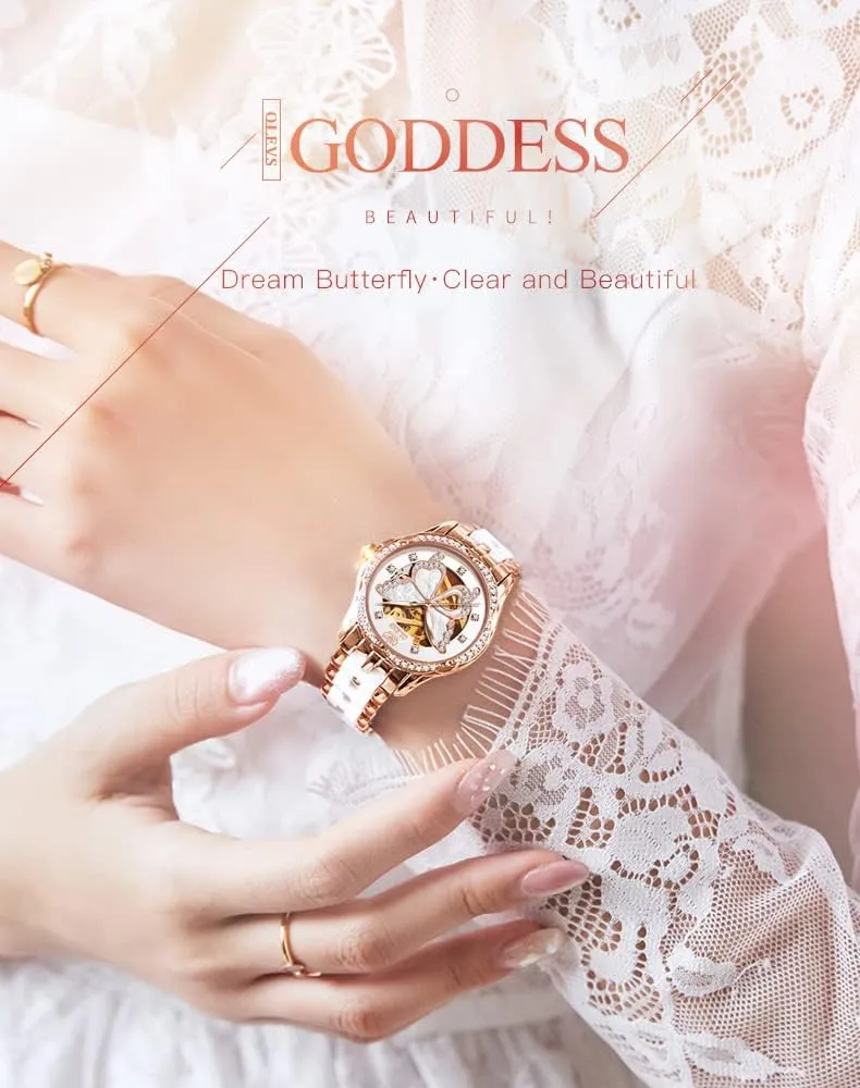OLEVS Women's Rose Gold Automatic Watches Skeleton Mechanical Self Winding Ladies Elegant Luxury Dress Butterfly Diamond White Ceramic Band Watch Gift