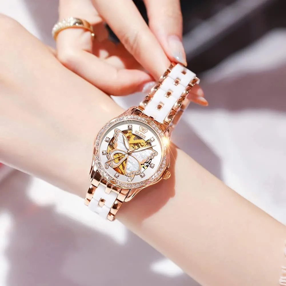 OLEVS Women's Rose Gold Automatic Watches Skeleton Mechanical Self Winding Ladies Elegant Luxury Dress Butterfly Diamond White Ceramic Band Watch Gift