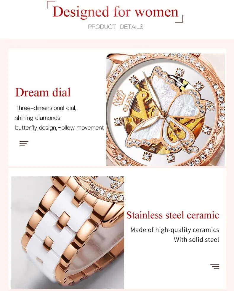 OLEVS Women's Rose Gold Automatic Watches Skeleton Mechanical Self Winding Ladies Elegant Luxury Dress Butterfly Diamond White Ceramic Band Watch Gift