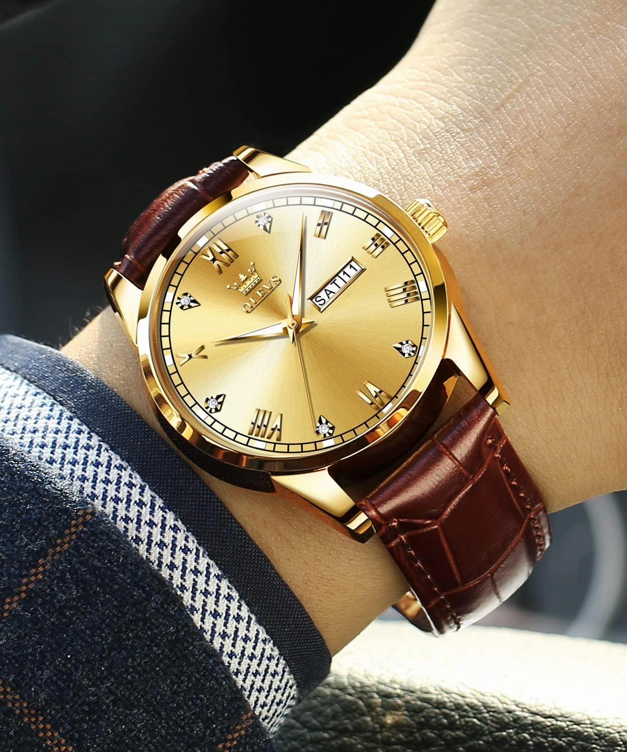 OLEVS Amazon Watches,Brown Leather Watch for Men,Men Day Date Watch,Men's Luminous Watch,Dress Watch for Men,Rose Gold Watch for Men,Men's Fashion Quartz Watch,Waterproof Brown Man Watches
