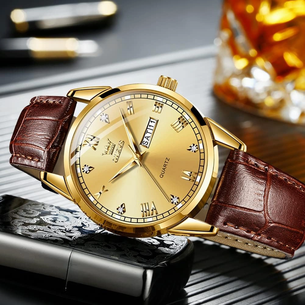 OLEVS Amazon Watches,Brown Leather Watch for Men,Men Day Date Watch,Men's Luminous Watch,Dress Watch for Men,Rose Gold Watch for Men,Men's Fashion Quartz Watch,Waterproof Brown Man Watches