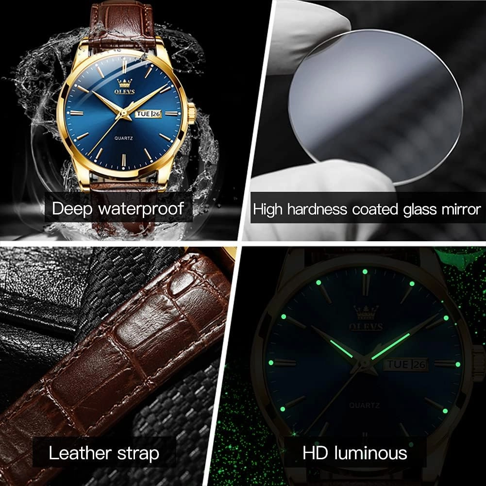 OLEVS Amazon Watches,Brown Leather Watch for Men,Men Day Date Watch,Men's Luminous Watch,Dress Watch for Men,Rose Gold Watch for Men,Men's Fashion Quartz Watch,Waterproof Brown Man Watches