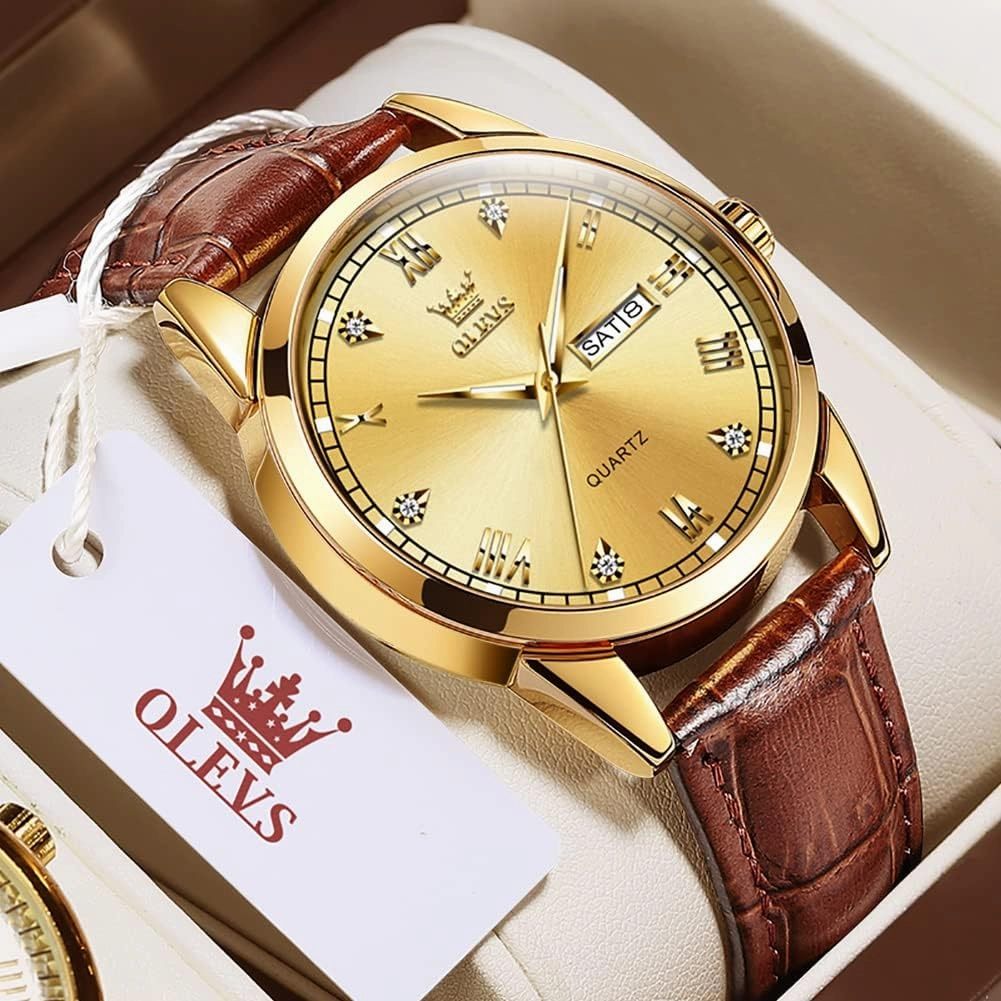 OLEVS Amazon Watches,Brown Leather Watch for Men,Men Day Date Watch,Men's Luminous Watch,Dress Watch for Men,Rose Gold Watch for Men,Men's Fashion Quartz Watch,Waterproof Brown Man Watches