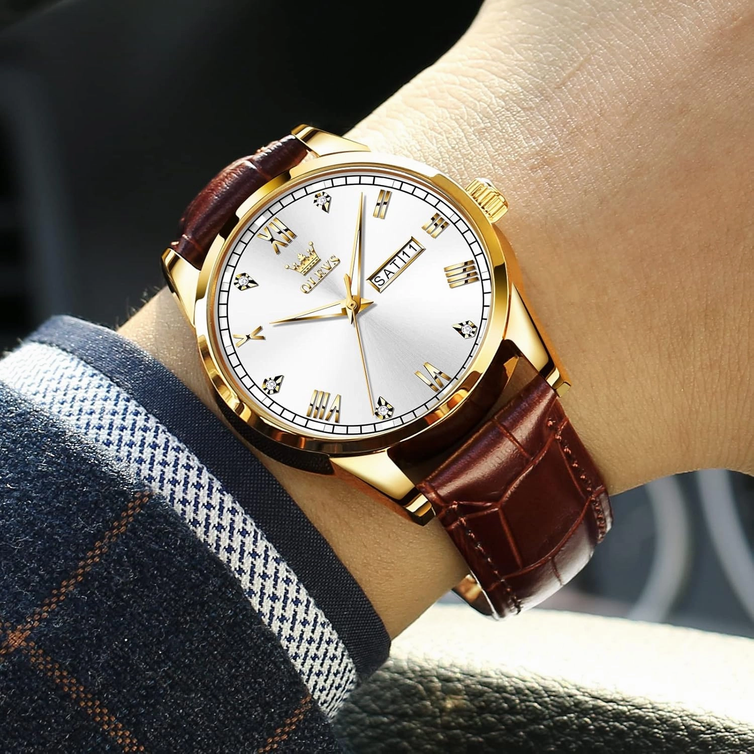 OLEVS Amazon Watches,Brown Leather Watch for Men,Men Day Date Watch,Men's Luminous Watch,Dress Watch for Men,Rose Gold Watch for Men,Men's Fashion Quartz Watch,Waterproof Brown Man Watches