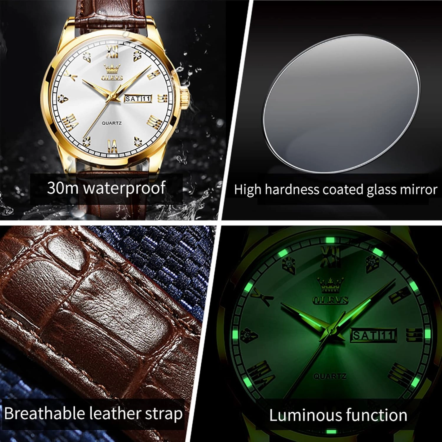 OLEVS Amazon Watches,Brown Leather Watch for Men,Men Day Date Watch,Men's Luminous Watch,Dress Watch for Men,Rose Gold Watch for Men,Men's Fashion Quartz Watch,Waterproof Brown Man Watches