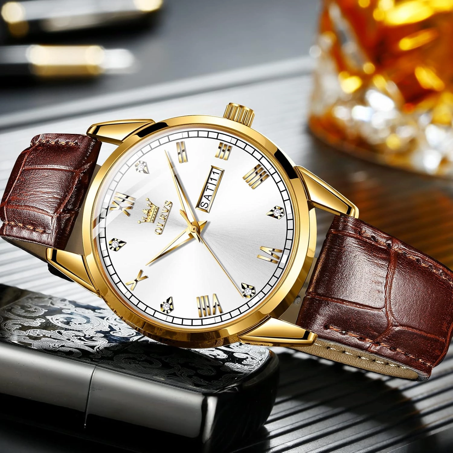 OLEVS Amazon Watches,Brown Leather Watch for Men,Men Day Date Watch,Men's Luminous Watch,Dress Watch for Men,Rose Gold Watch for Men,Men's Fashion Quartz Watch,Waterproof Brown Man Watches