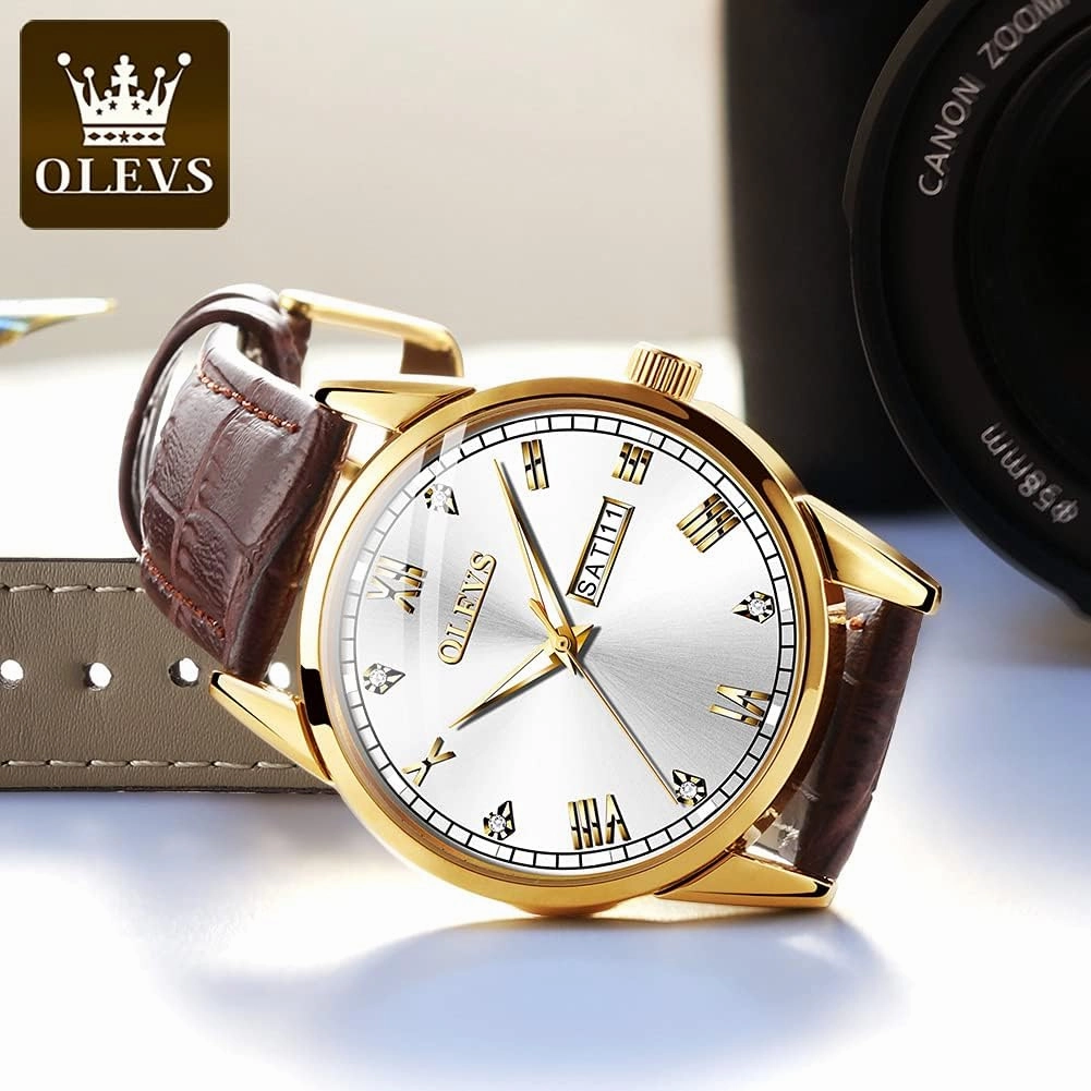 OLEVS Amazon Watches,Brown Leather Watch for Men,Men Day Date Watch,Men's Luminous Watch,Dress Watch for Men,Rose Gold Watch for Men,Men's Fashion Quartz Watch,Waterproof Brown Man Watches