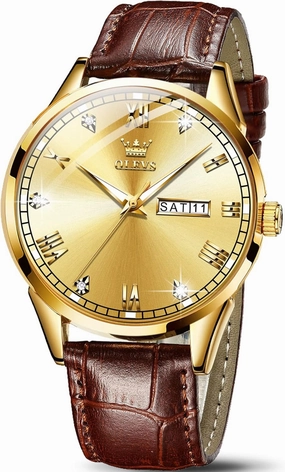 OLEVS Amazon Watches,Brown Leather Watch for Men,Men Day Date Watch,Men's Luminous Watch,Dress Watch for Men,Rose Gold Watch for Men,Men's Fashion Quartz Watch,Waterproof Brown Man Watches