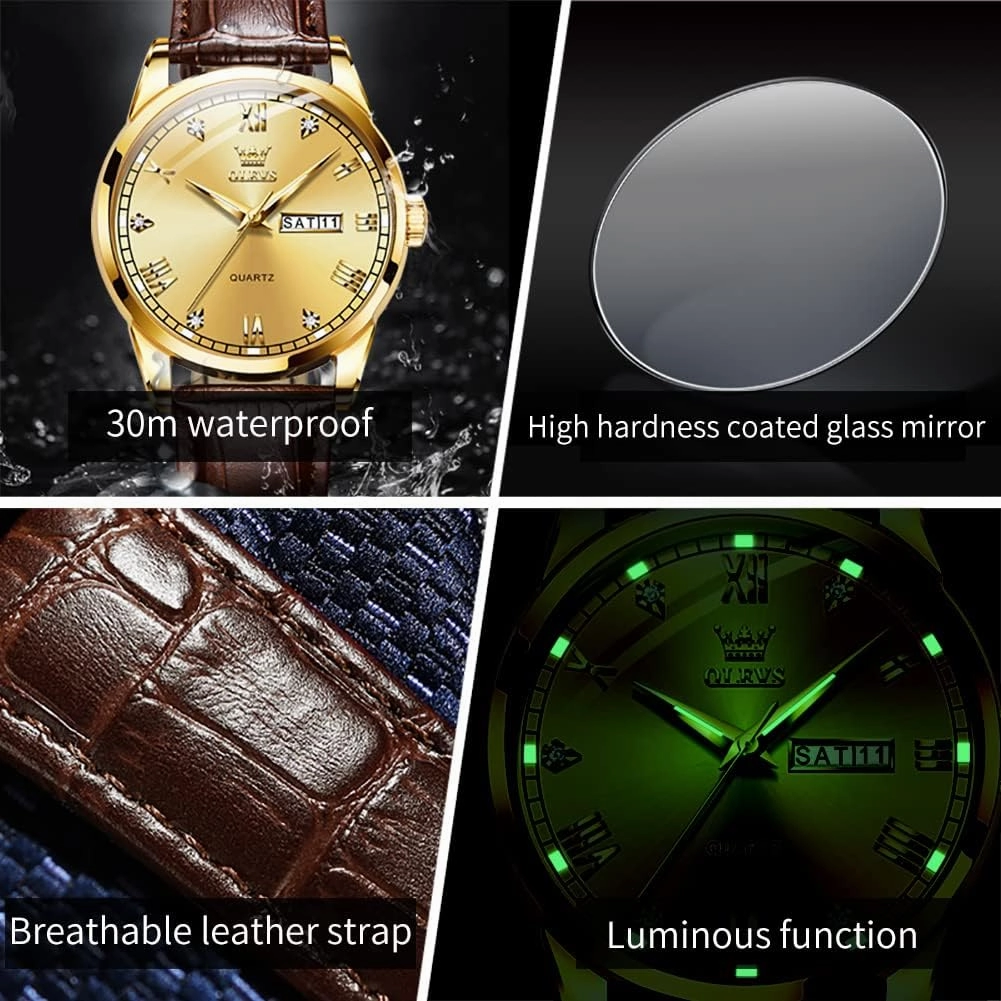 OLEVS Amazon Watches,Brown Leather Watch for Men,Men Day Date Watch,Men's Luminous Watch,Dress Watch for Men,Rose Gold Watch for Men,Men's Fashion Quartz Watch,Waterproof Brown Man Watches