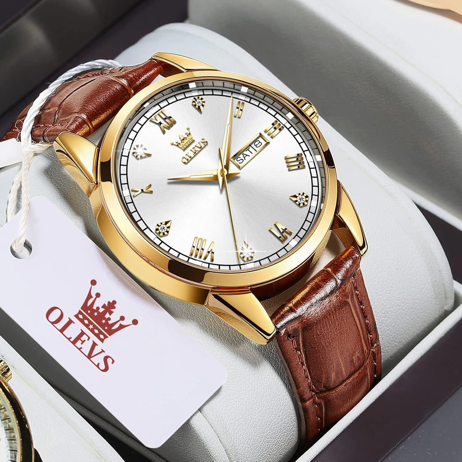 OLEVS Amazon Watches,Brown Leather Watch for Men,Men Day Date Watch,Men's Luminous Watch,Dress Watch for Men,Rose Gold Watch for Men,Men's Fashion Quartz Watch,Waterproof Brown Man Watches