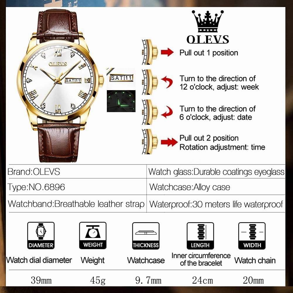 OLEVS Amazon Watches,Brown Leather Watch for Men,Men Day Date Watch,Men's Luminous Watch,Dress Watch for Men,Rose Gold Watch for Men,Men's Fashion Quartz Watch,Waterproof Brown Man Watches