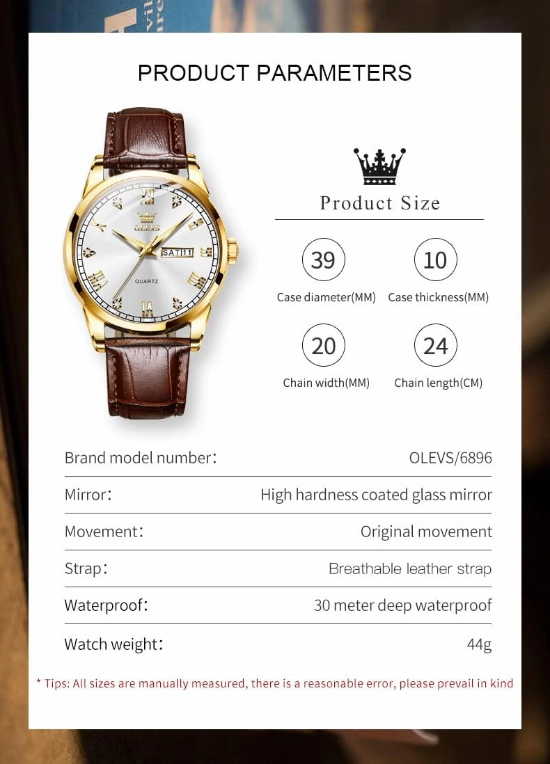OLEVS Amazon Watches,Brown Leather Watch for Men,Men Day Date Watch,Men's Luminous Watch,Dress Watch for Men,Rose Gold Watch for Men,Men's Fashion Quartz Watch,Waterproof Brown Man Watches
